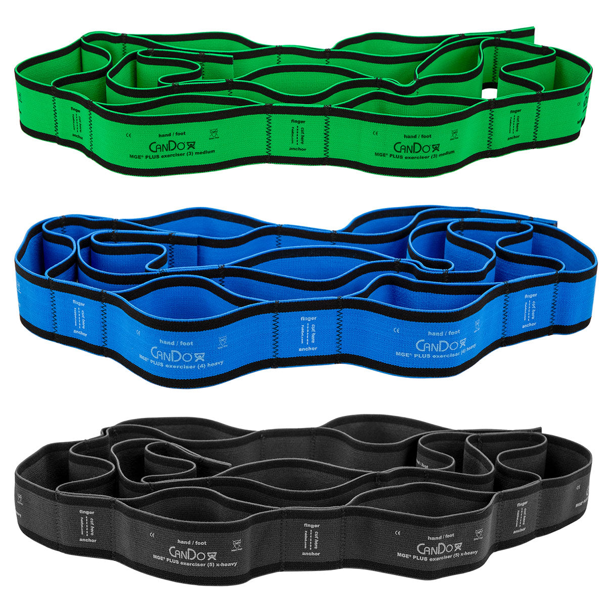 CanDo MGE Plus PEP Pack, 6 Foot Exerciser, 9 Loops, Moderate (1 ea: Green, Blue, Black)