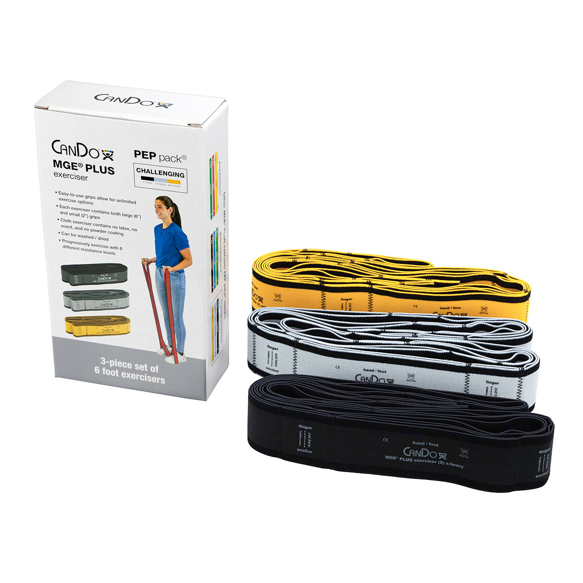 CanDo MGE Plus PEP Pack, 6 Foot Exerciser, 9 Loops, Challenging (1 ea:Black, Silver, Gold)