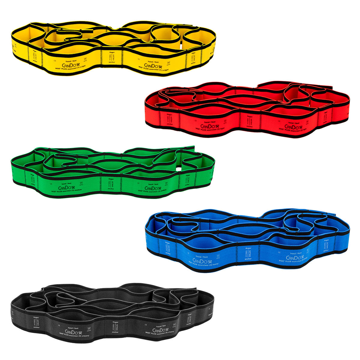 CanDo Multi-Grip Exerciser Plus, 6 Foot Exerciser, 9 Loops, Set of 5 (1 ea: Yellow - Black)