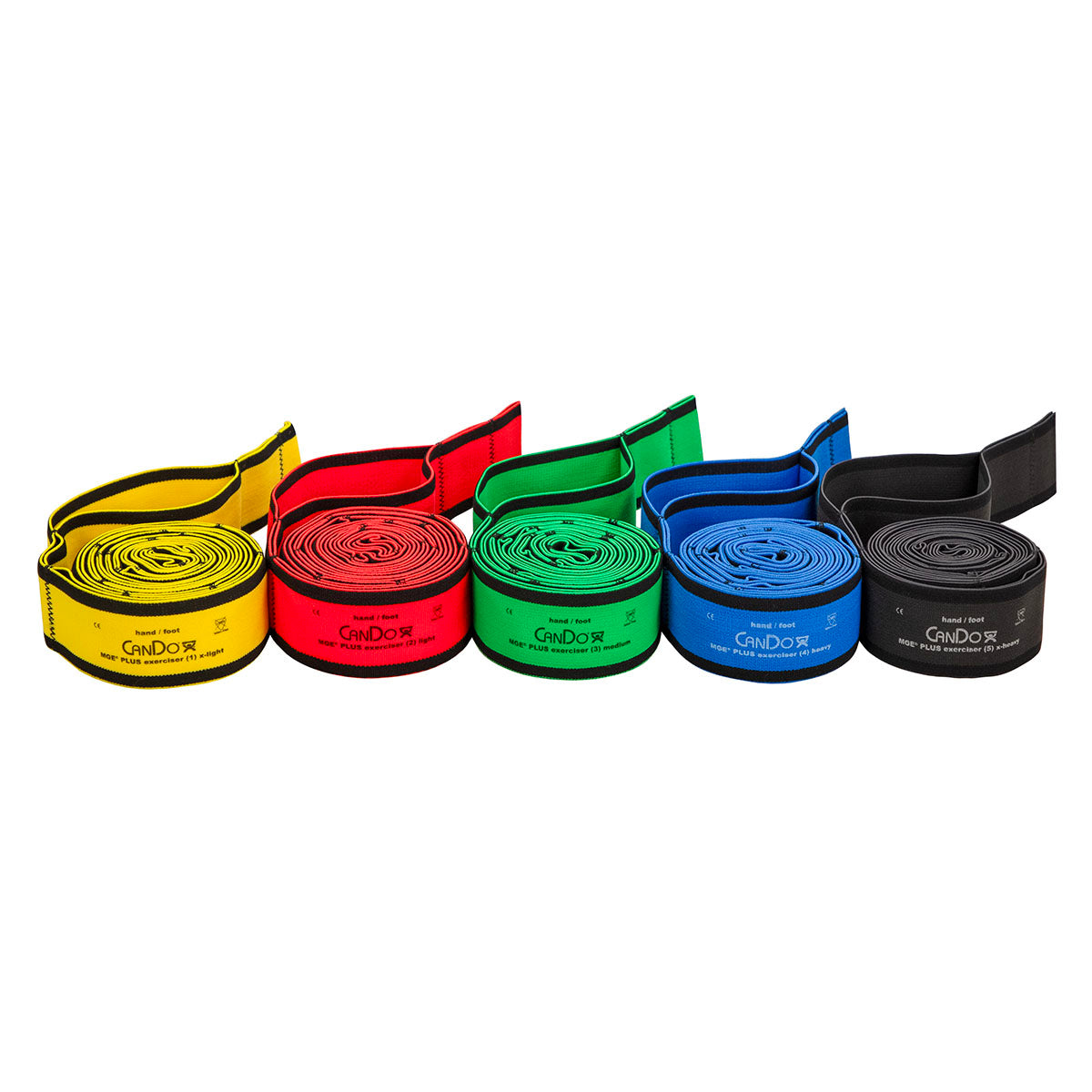 CanDo Multi-Grip Exerciser Plus, 6 Foot Exerciser, 9 Loops, Set of 5 (1 ea: Yellow - Black)