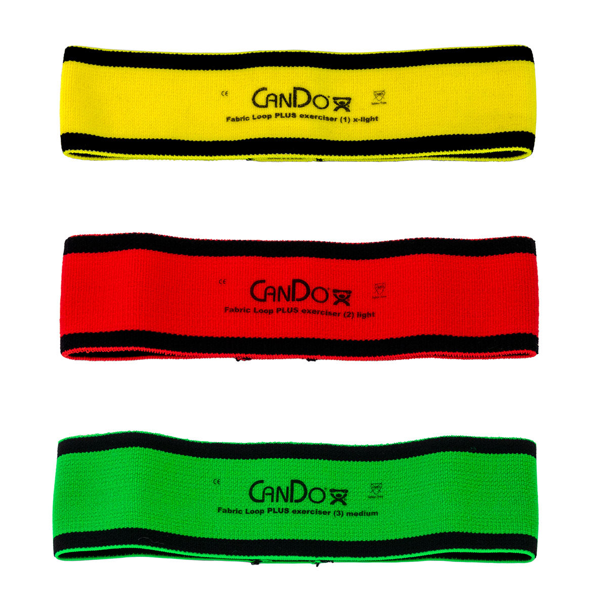 CanDo Fabric Loop Plus, 8" Long Single Loop Set of 3, Yellow, Red, Green