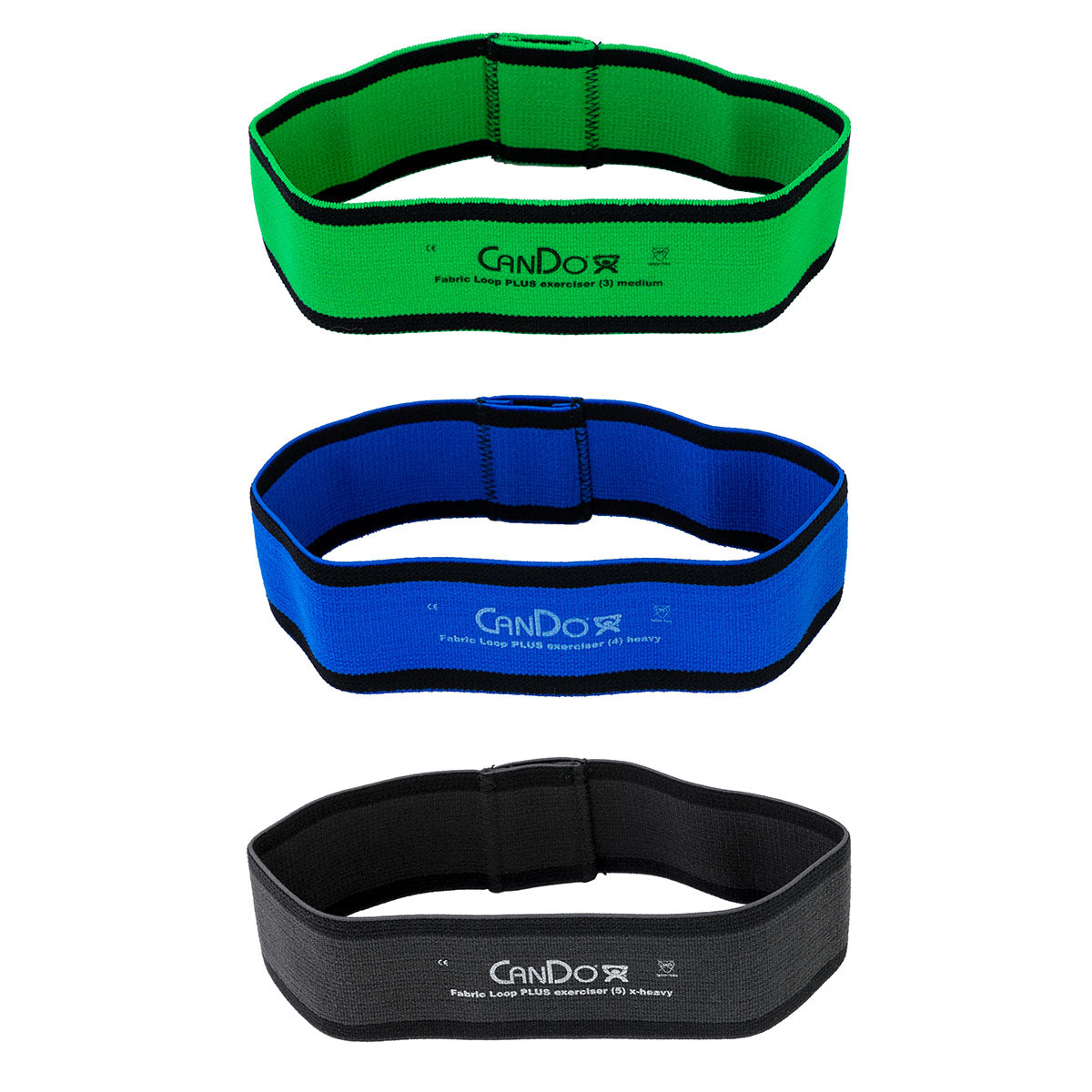 CanDo Fabric Loop Plus, 8" Long Single Loop Set of 3, Green, Blue, Black