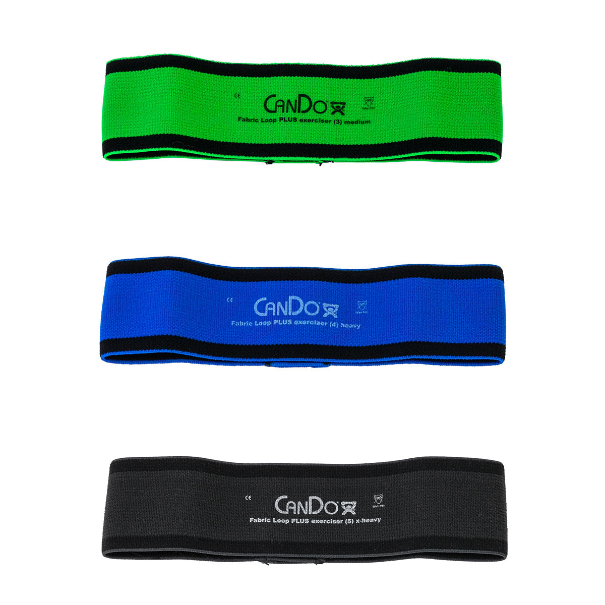 CanDo Fabric Loop Plus, 8" Long Single Loop Set of 3, Green, Blue, Black