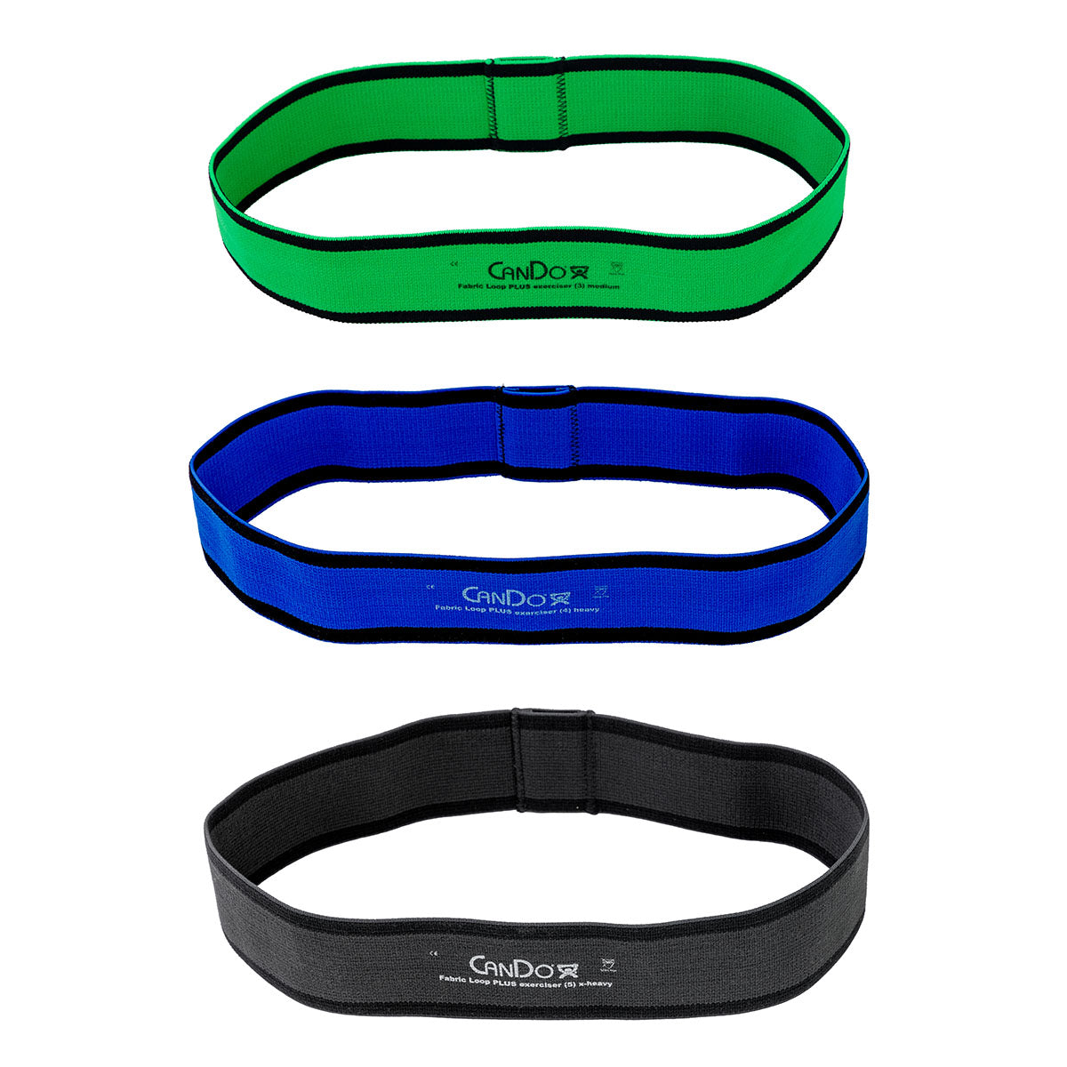 CanDo Fabric Loop Plus, 12" Long Single Loop Set of 3, Green, Blue, Black