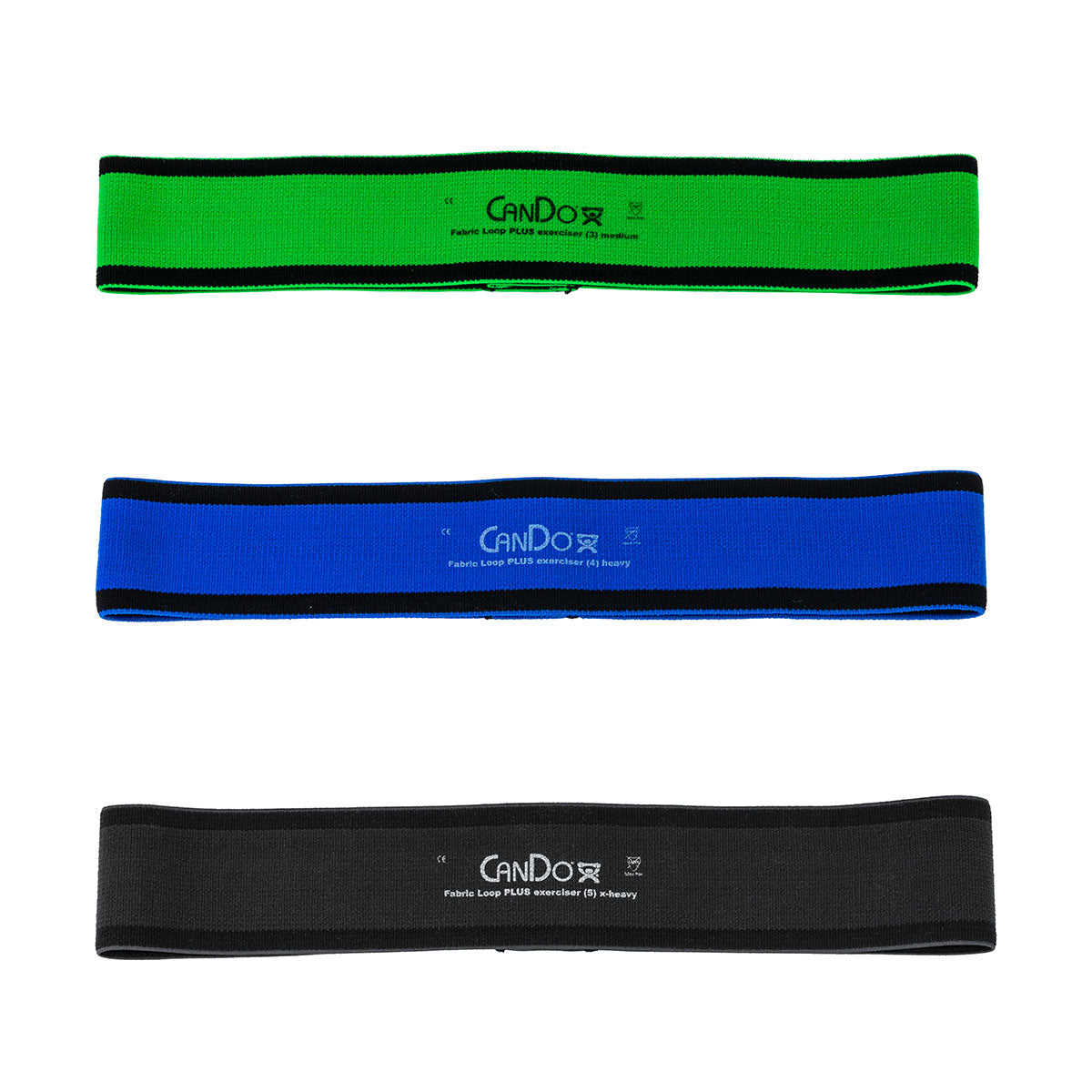 CanDo Fabric Loop Plus, 12" Long Single Loop Set of 3, Green, Blue, Black