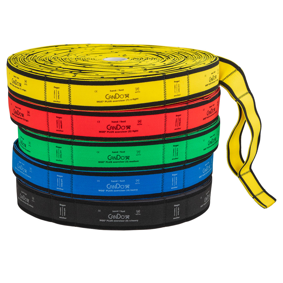CanDo Multi-Grip Exerciser Plus, 30 Yard Roll, Set of 5 (1 ea: Yellow - Black)