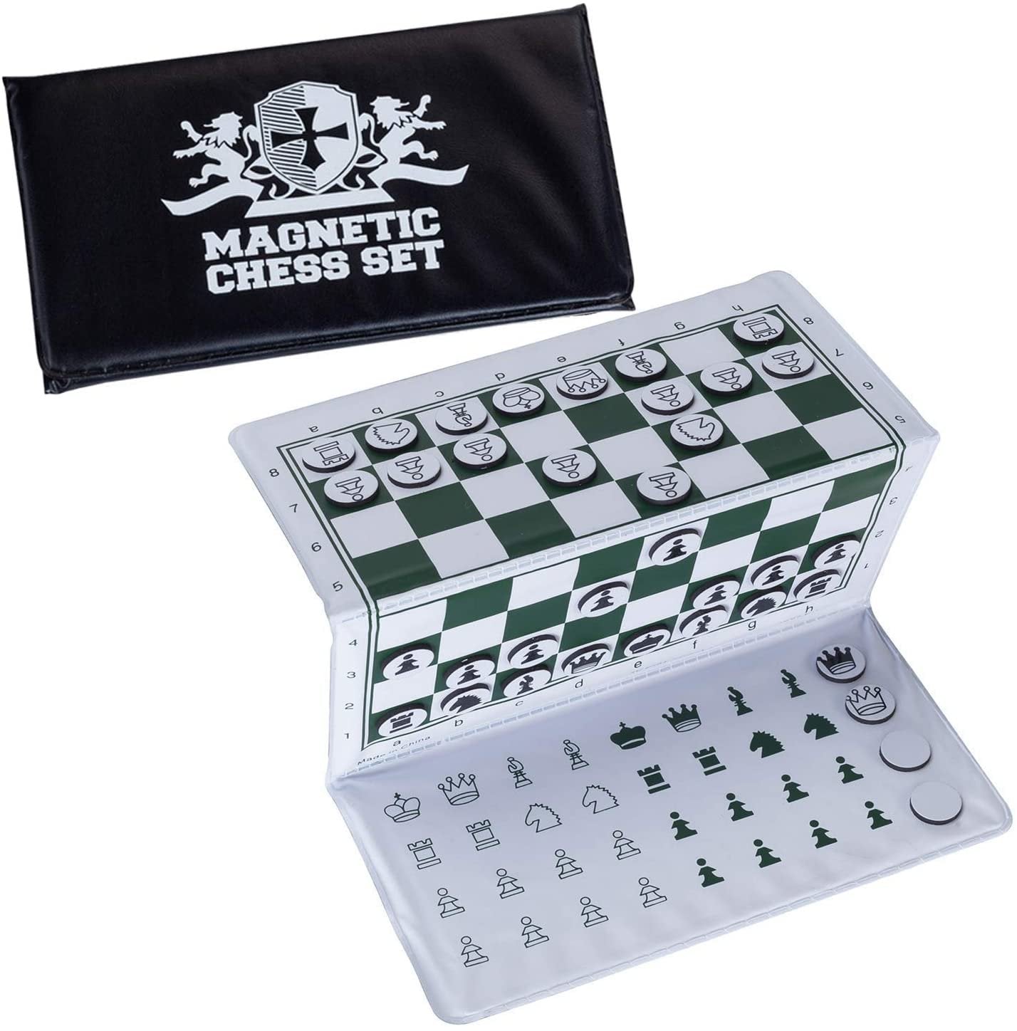 Travel  Sets - Magnetic,  Pegged  &  Roll  Up Checkbook Magnetic White Chess Crest On Cover, Green Board W/Magnetic Pieces