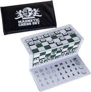 Travel  Sets - Magnetic,  Pegged  &  Roll  Up Checkbook Magnetic White Chess Crest On Cover, Green Board W/Magnetic Pieces