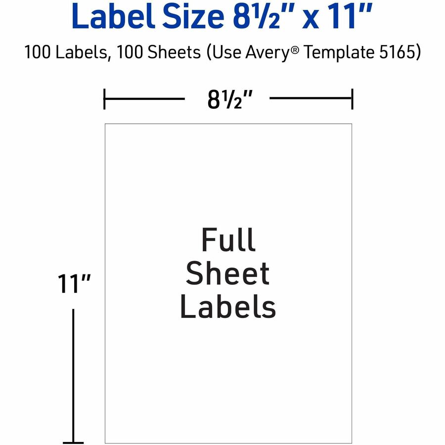 11" Height x 8 1/2" Width x 11" Length - Full Sheet - Permanent Adhesive - Laser - Matte - White - Paper - Permanent Adhesive, Customizable, Jam Resistant, Smudge-free - 1 / Sheet - 100 Total Sheets - 100 Total Label(s) - 100 / Box
