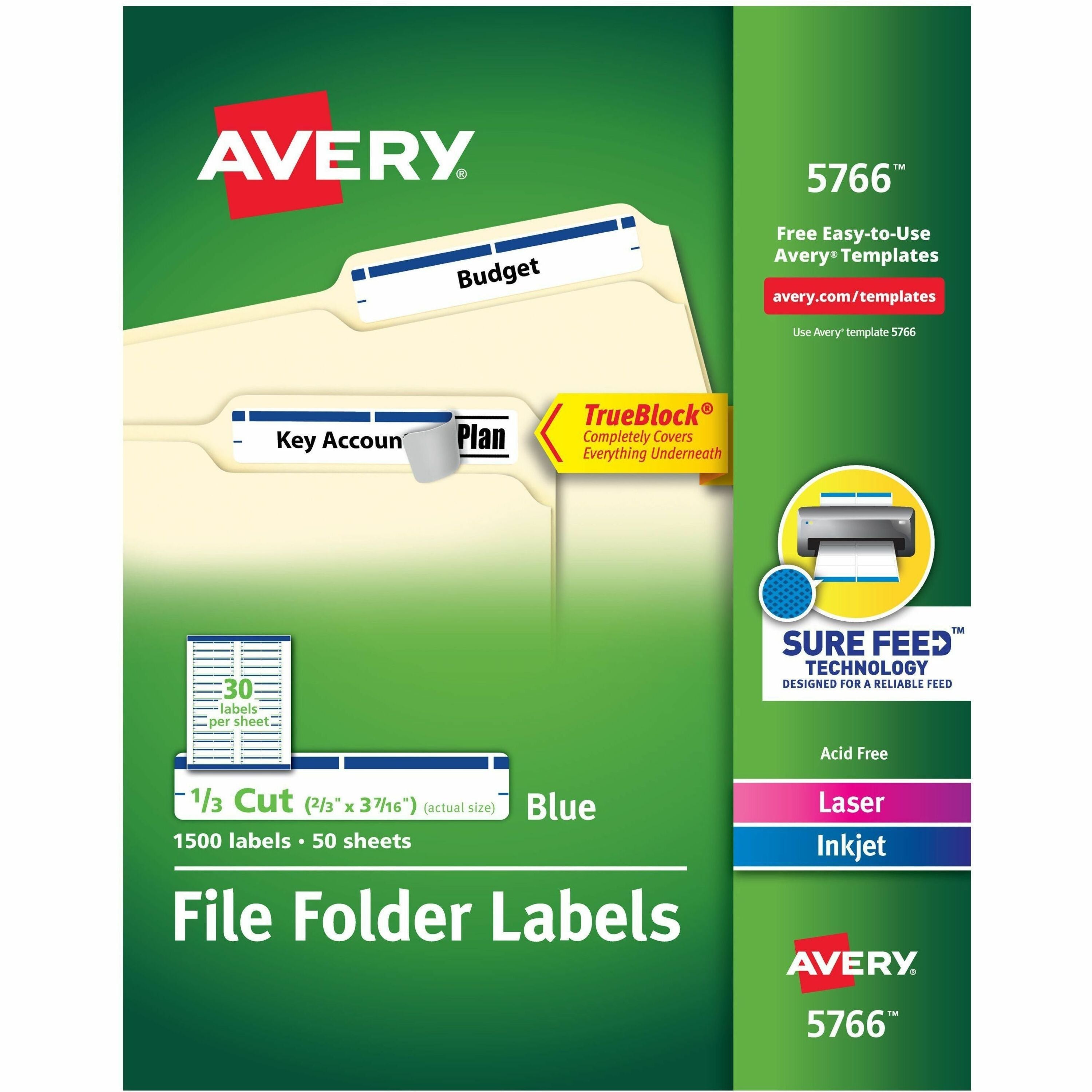 Avery TrueBlock File Folder Labels, 2/3" x 3 7/16", Blue, Matte, Rectangle, Permanent Adhesive, 30 Labels/Sheet, 50 Sheets, 1500 Labels/Box