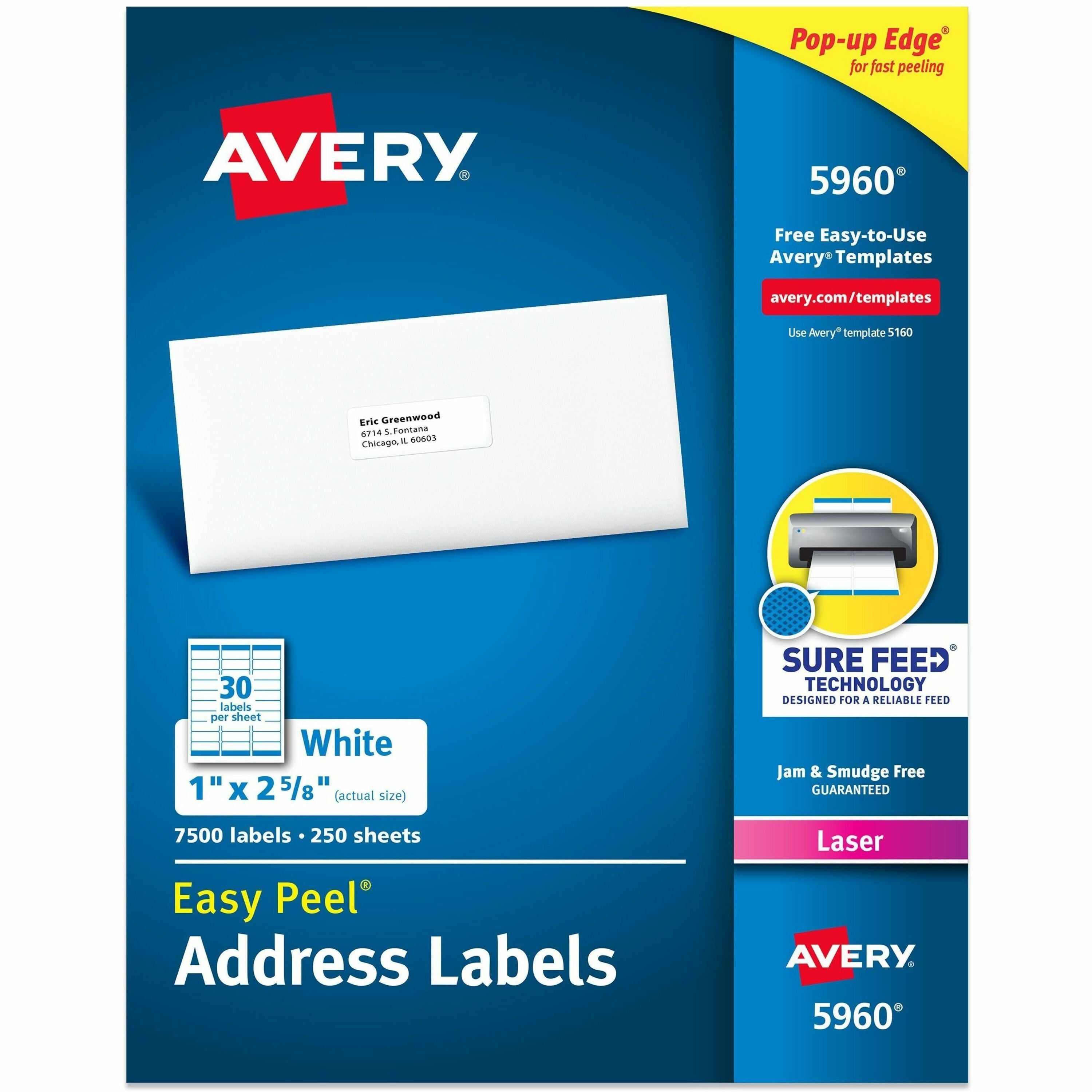 Avery&reg; Easy Peel Address Labels - 1" Width x 2 5/8" Length - Permanent Adhesive - Rectangle - Laser - White - Paper - 30 / Sheet - 250 Total Sheets - 7500 Total Label(s) - 7500 / Box