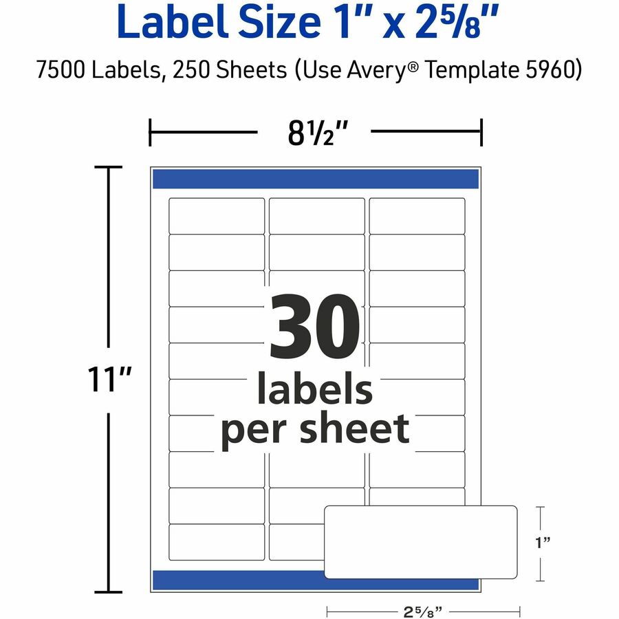 Avery&reg; Easy Peel Address Labels - 1" Width x 2 5/8" Length - Permanent Adhesive - Rectangle - Laser - White - Paper - 30 / Sheet - 250 Total Sheets - 7500 Total Label(s) - 7500 / Box