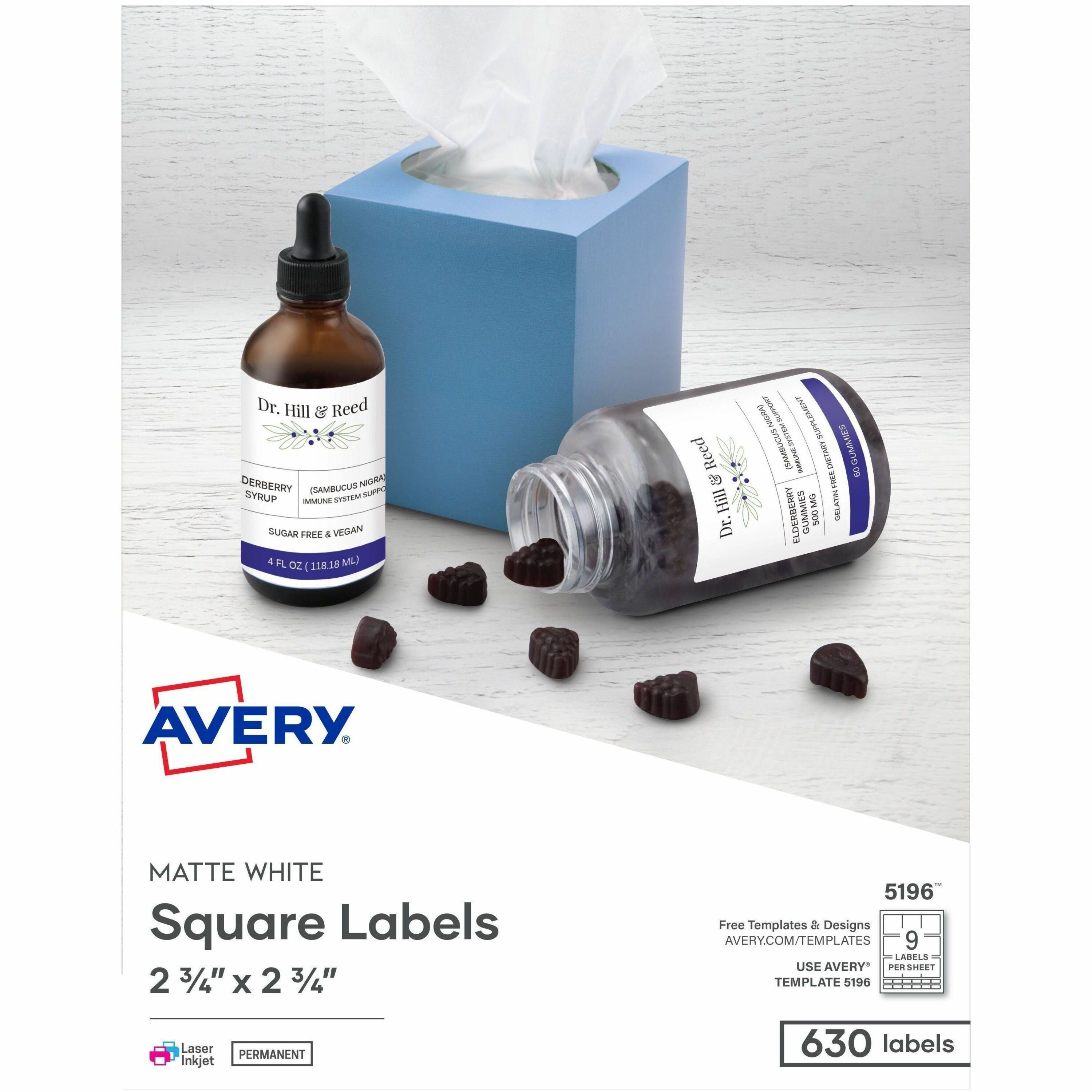 2 3/4" Width x 2 3/4" Length - Permanent Adhesive - Inkjet, Laser - Matte White - Paper - 9 / Sheet - 70 Total Sheets - 630 Total Label(s) - 630 / Box