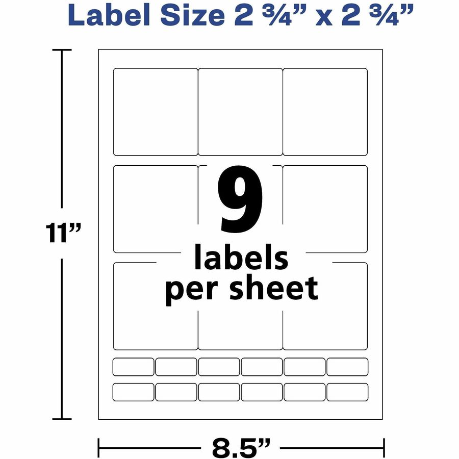 2 3/4" Width x 2 3/4" Length - Permanent Adhesive - Inkjet, Laser - Matte White - Paper - 9 / Sheet - 70 Total Sheets - 630 Total Label(s) - 630 / Box