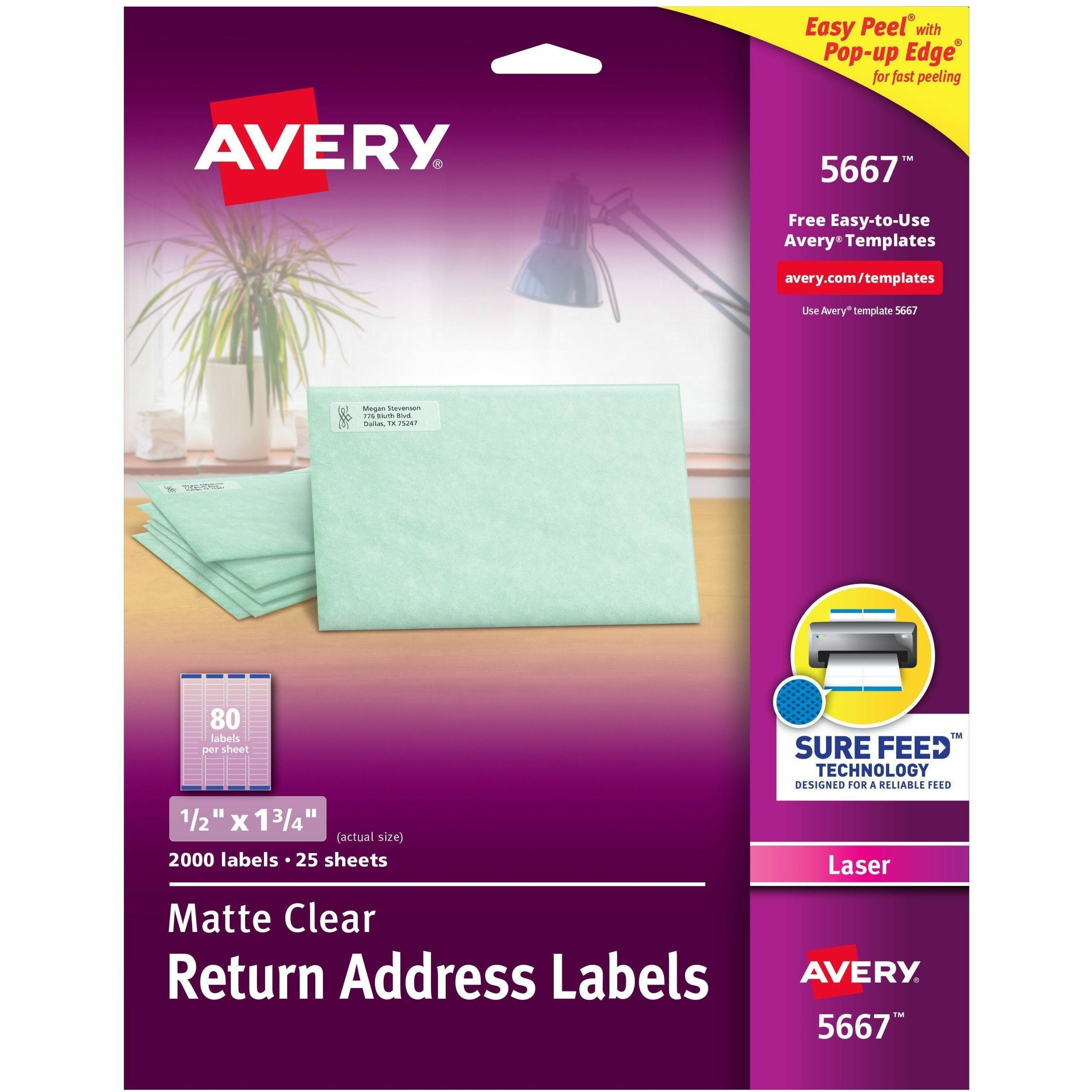 Avery Easy Peel Clear Return Address Labels, 1/2" x 1-3/4", Matte, Permanent Adhesive, Rectangle, Laser Compatible, 80 Labels/Sheet, 25 Sheets, 2000 Labels/Pack
