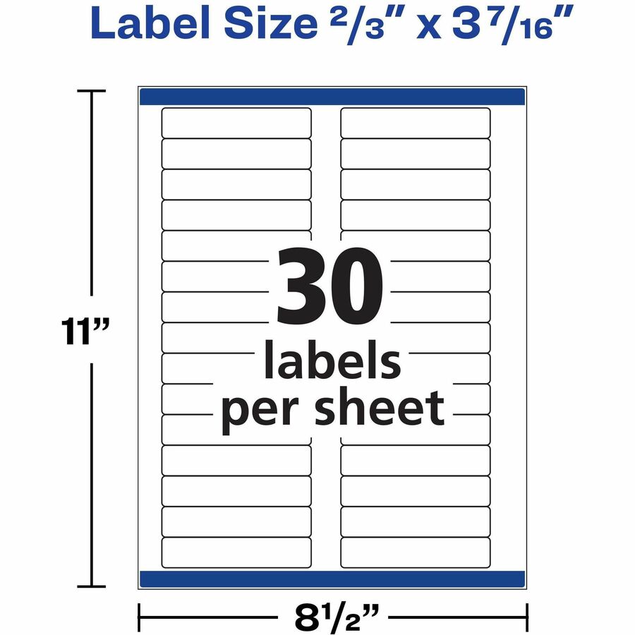 2/3" Width x 3 7/16" Length - Permanent Adhesive - Rectangle - Inkjet, Laser - Matte - White - Paper - Permanent Adhesive, Stick & Stay, Jam Resistant, Reusable - 30 / Sheet - 25 Total Sheets - 750 Total Label(s) - 750 / Pack