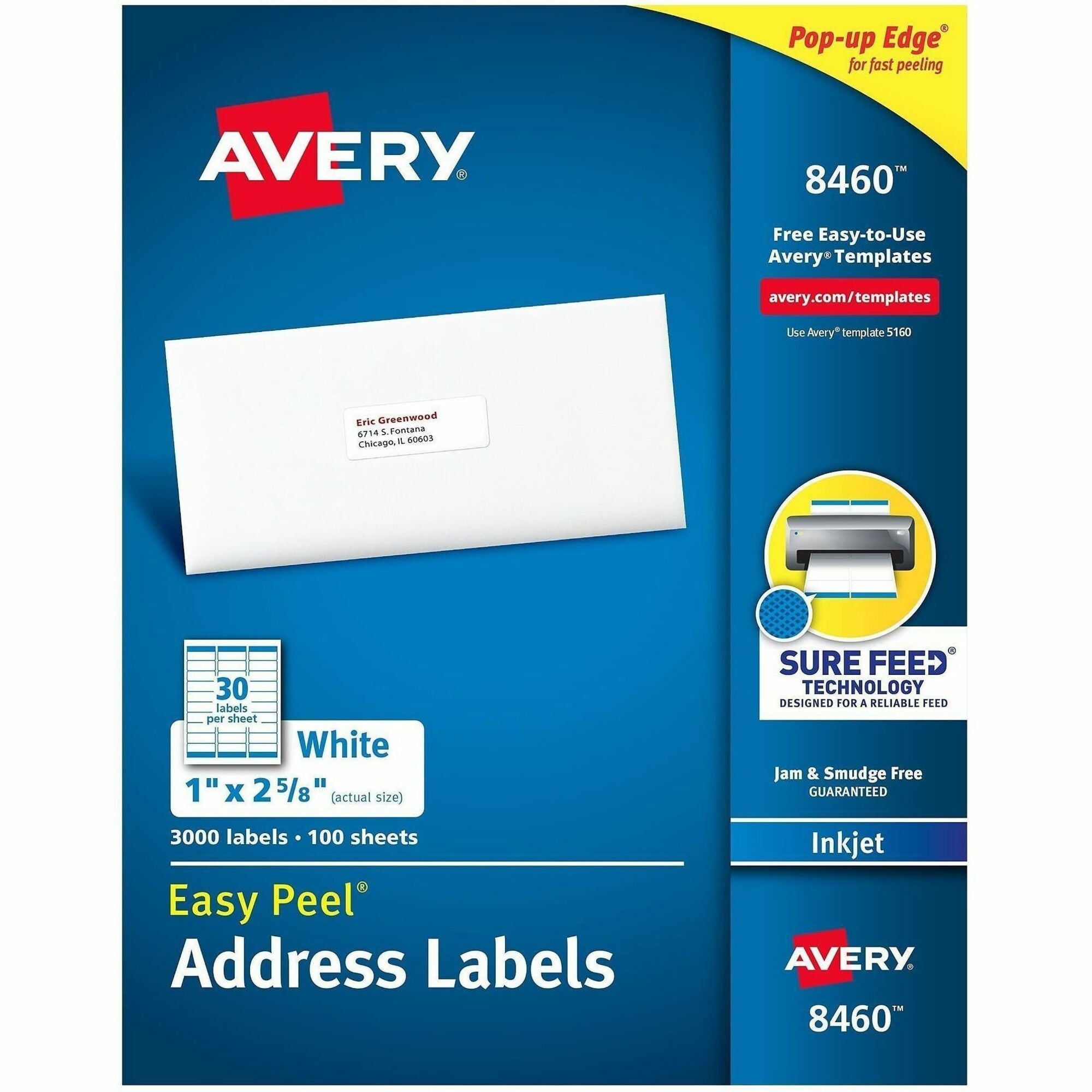 Avery Easy Peel White Inkjet Mailing Labels, 1" x 2-5/8", Rectangle, Matte, Permanent Adhesive, Jam Resistant, Smudge-Free, 30 Labels/Sheet, 100 Sheets, 3000 Labels/Box