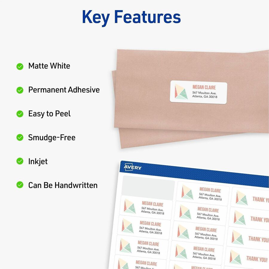 Avery Easy Peel White Inkjet Mailing Labels, 1" x 2-5/8", Rectangle, Matte, Permanent Adhesive, Jam Resistant, Smudge-Free, 30 Labels/Sheet, 100 Sheets, 3000 Labels/Box