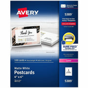 Avery&reg; Sure Feed Postcards - 97 Brightness - 4" x 6" - 80 lb Basis Weight - 216 g/m² Grammage - Matte - Perforated, Heavyweight, Rounded Corner, Uncoated, Smudge-free, Recyclable, Printable, Double-sided, Jam-free - White - 100 / Box