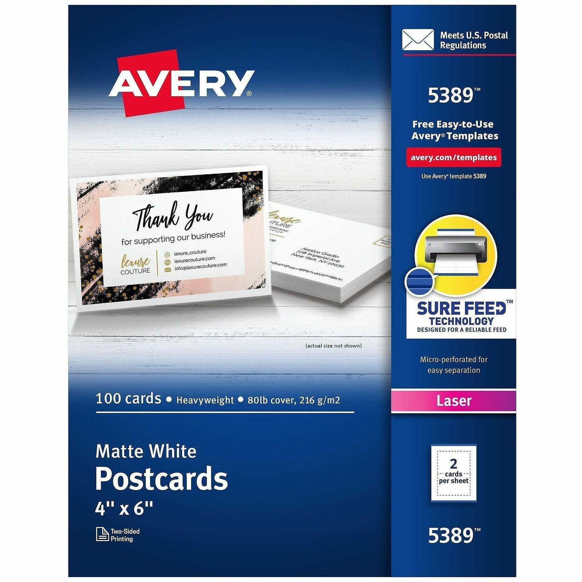 Avery&reg; Sure Feed Postcards - 97 Brightness - 4" x 6" - 80 lb Basis Weight - 216 g/m² Grammage - Matte - Perforated, Heavyweight, Rounded Corner, Uncoated, Smudge-free, Recyclable, Printable, Double-sided, Jam-free - White - 100 / Box