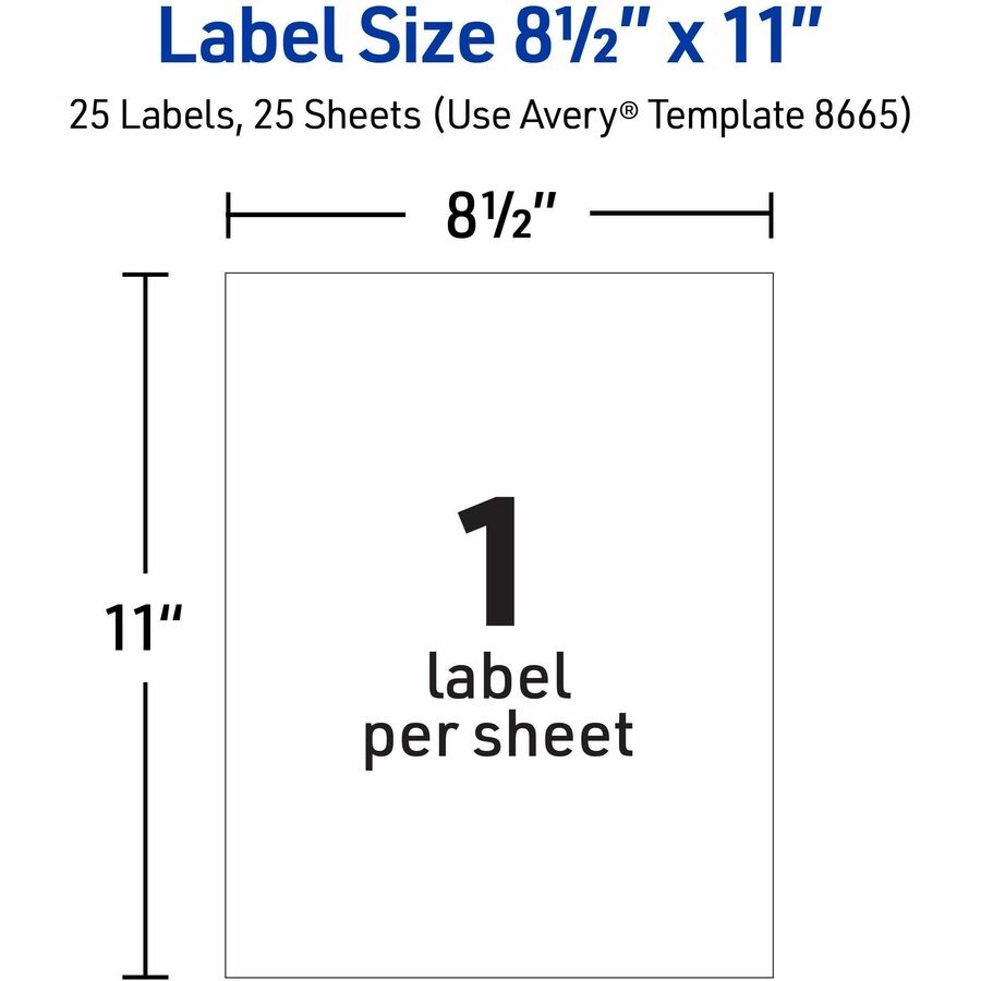 Avery Shipping Labels, Clear, 8 1/2" x 11", Matte, Permanent Adhesive, Rectangle, Inkjet Compatible, Film Material, 1 Label/Sheet, 25 Sheets, 25 Labels/Pack