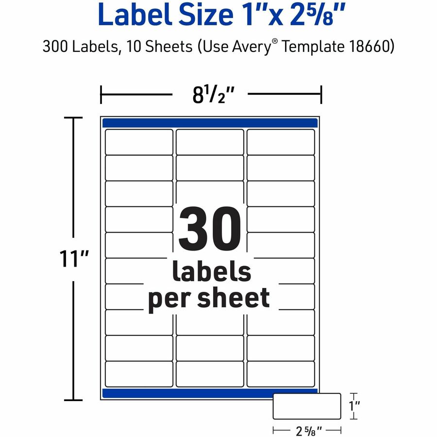 1" Width x 2 5/8" Length - Permanent Adhesive - Rectangle - Inkjet - Matte Clear - Matte - Film - Permanent Adhesive, Jam Resistant, Easy Peel, Pop Up Edge, Chlorine-free, PVC-free - 30 / Sheet - 30 Total Sheets - 300 Total Label(s) - 1 Pack