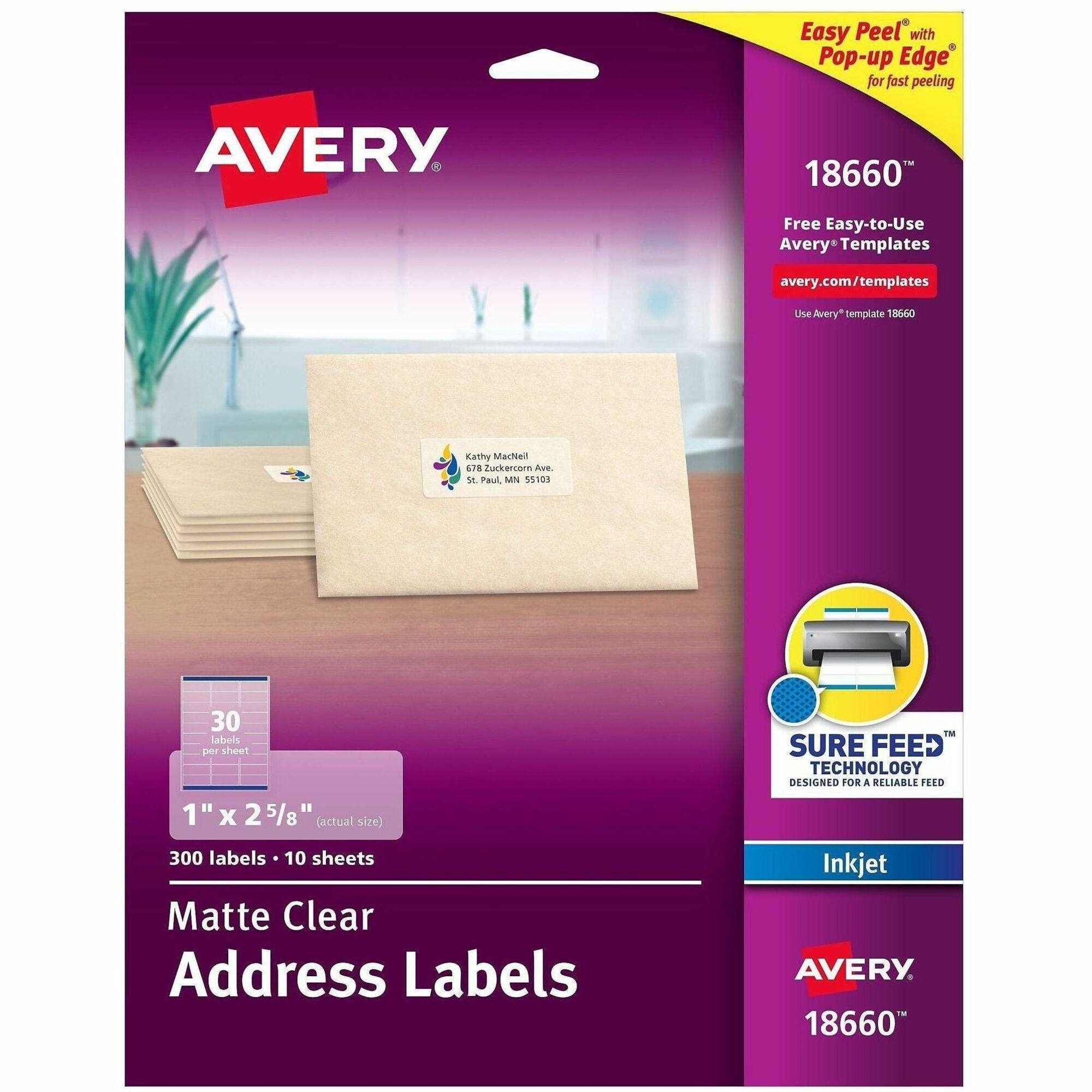 1" Width x 2 5/8" Length - Permanent Adhesive - Rectangle - Inkjet - Matte Clear - Matte - Film - Permanent Adhesive, Jam Resistant, Easy Peel, Pop Up Edge, Chlorine-free, PVC-free - 30 / Sheet - 30 Total Sheets - 300 Total Label(s) - 1 Pack