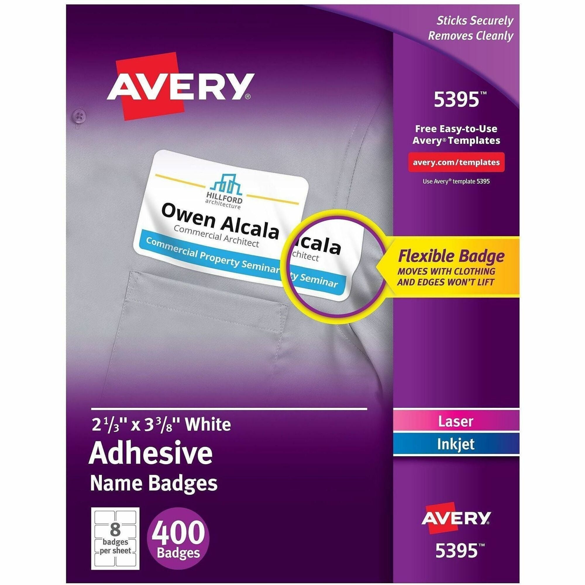 Avery Adhesive Name Badges, White, Matte, Rectangle, 2 21/64" x 3 3/8", Removable, PVC-free, 8 per Sheet, 50 Sheets, 400 Labels per Box
