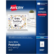 Avery Postcards, 4 1/4" x 5 1/2", 80 lb, 216 g/m², Matte, 97 Brightness, Heavyweight, Rounded Corners, Smudge-Free, Jam-Free, Double-Sided, White, 200/Box