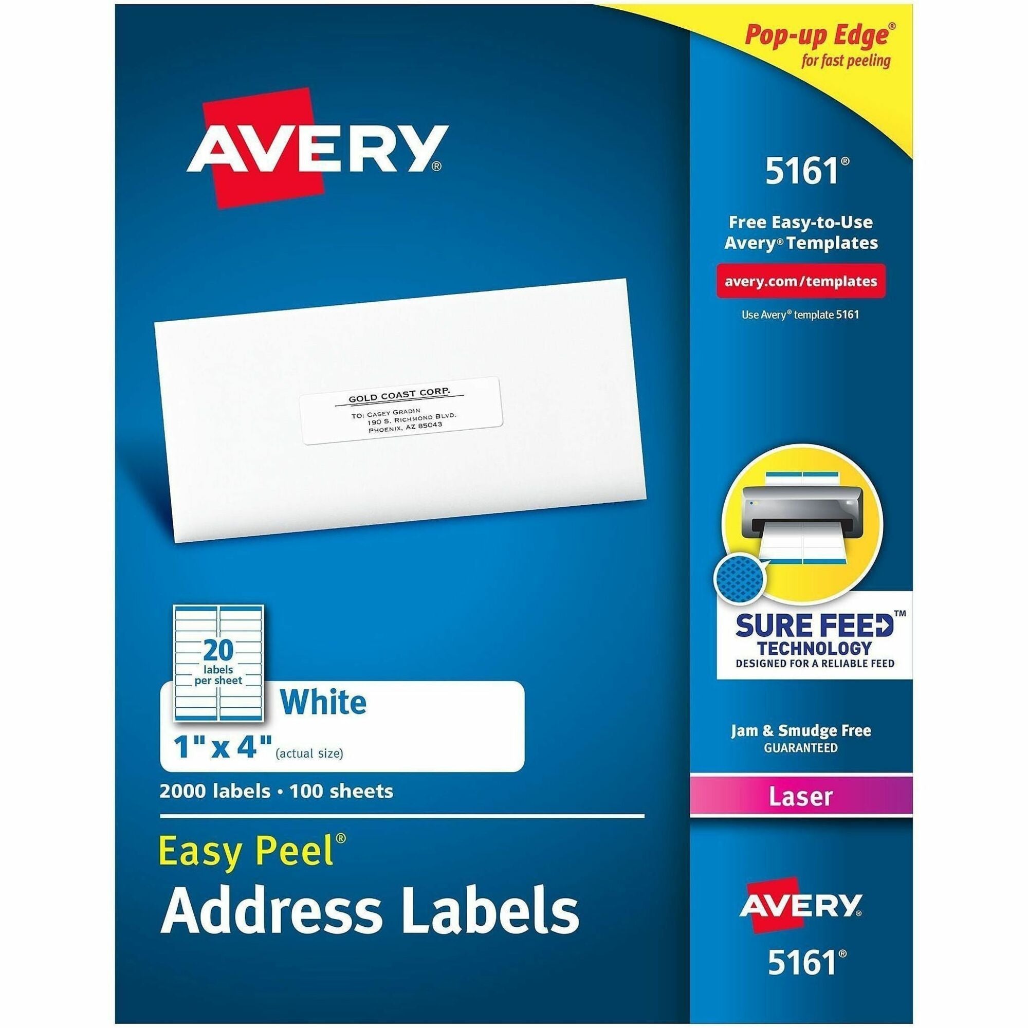 Avery&reg; Address Labels, 1" x 4" , White, 2,000ct (5161)