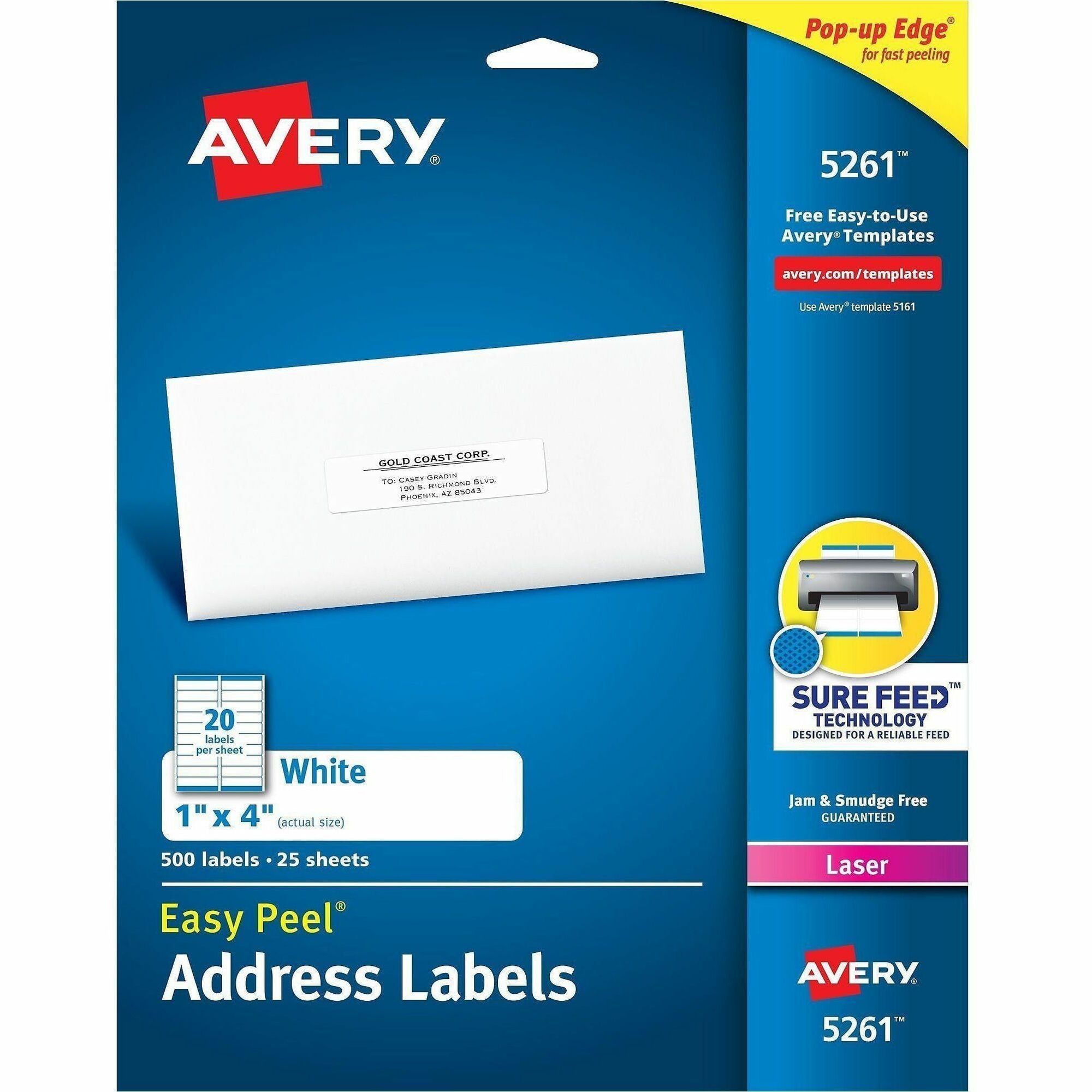 Avery&reg; Easy Peel Address Labels, 1" x 4" , 500 White Labels (5261)