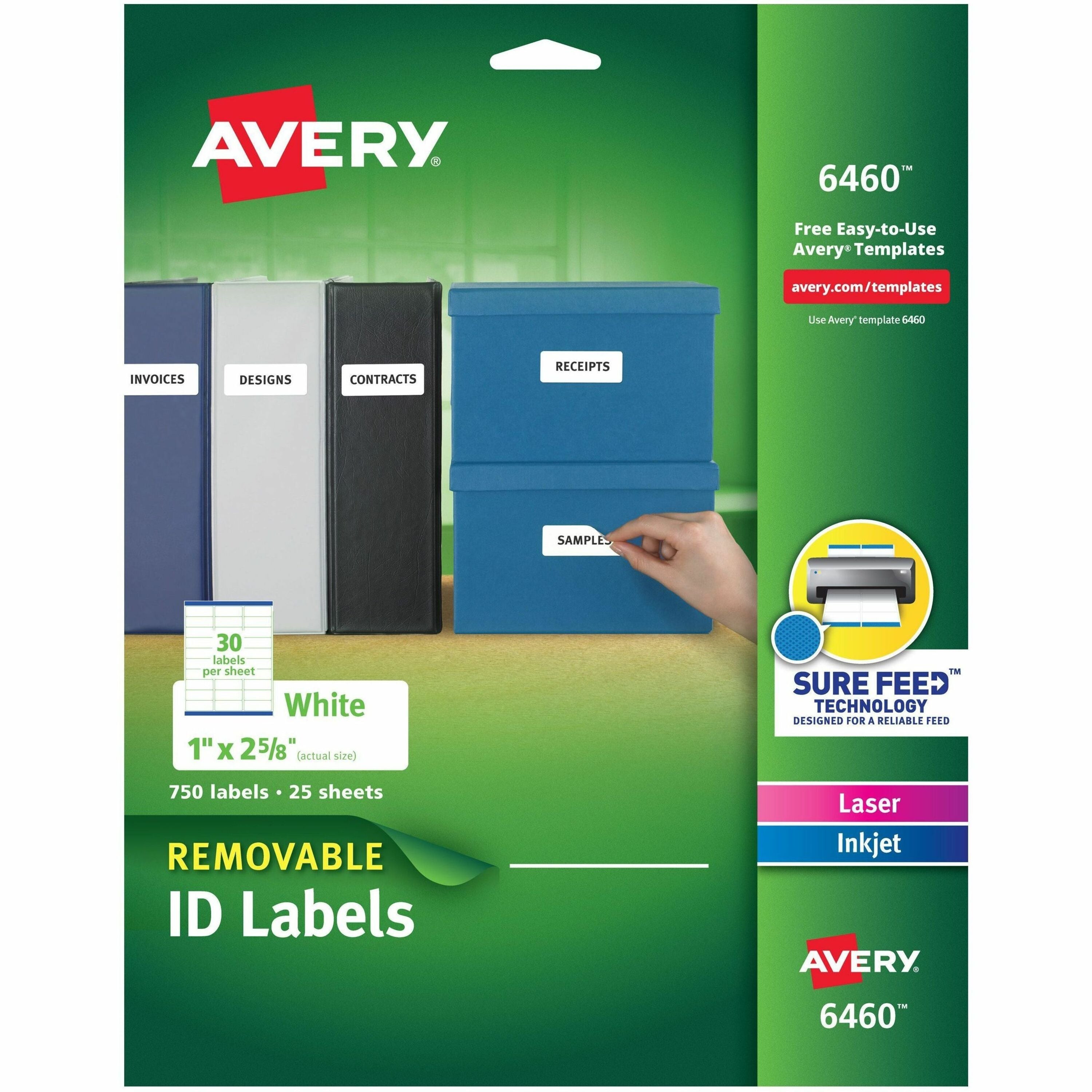 Avery Removable I.D. Laser/Inkjet Labels, 1" x 2 5/8", White, Rectangle, 30 Labels/Sheet, 25 Sheets, 750 Labels/Pack