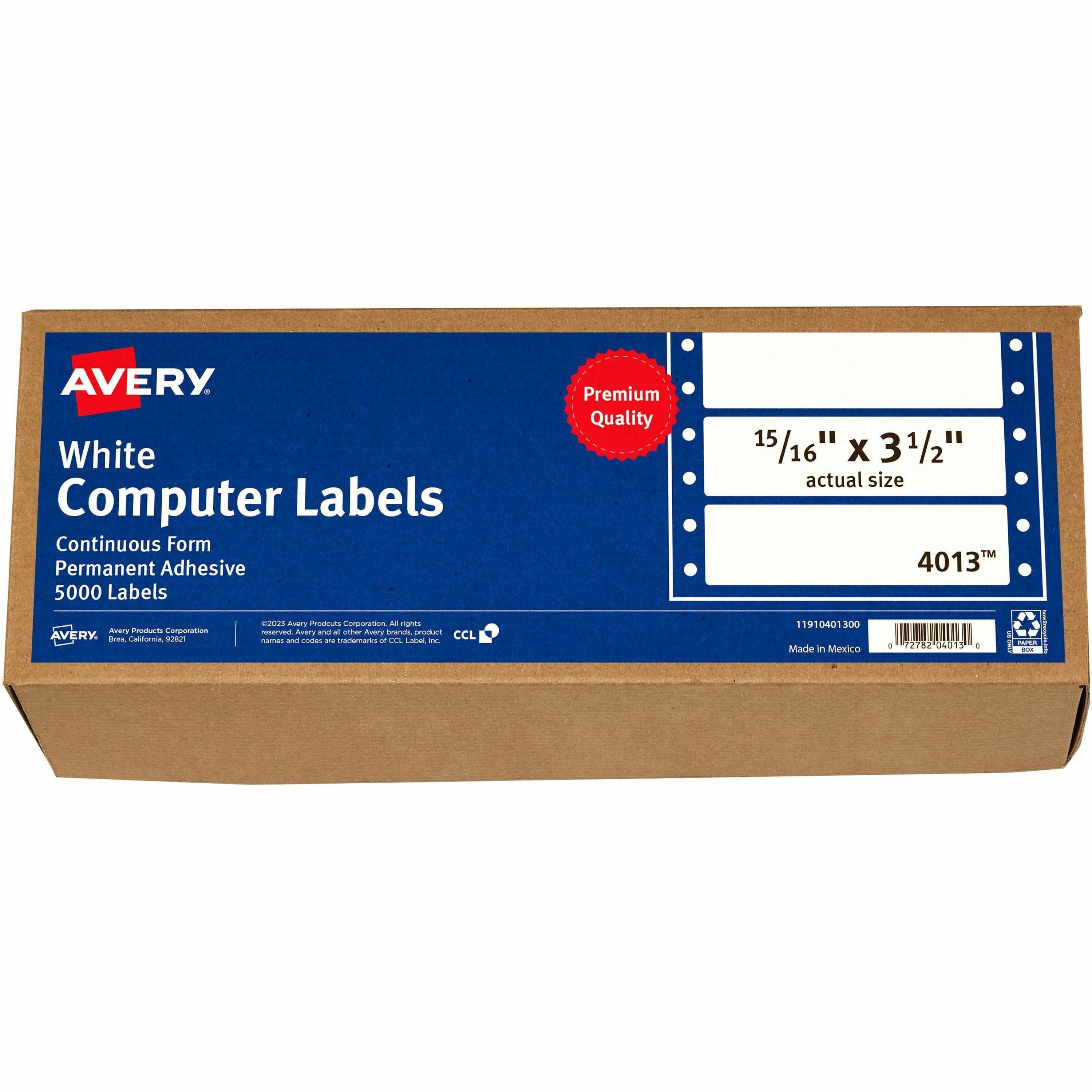 3 1/2" Length - Permanent Adhesive - Rectangle - Dot Matrix - White - Permanent Adhesive, Stick & Stay, Customizable, Curl Resistant, PVC-free, Chlorine-free - 1 / Sheet - 5000 Total Label(s) - 5000 / Box