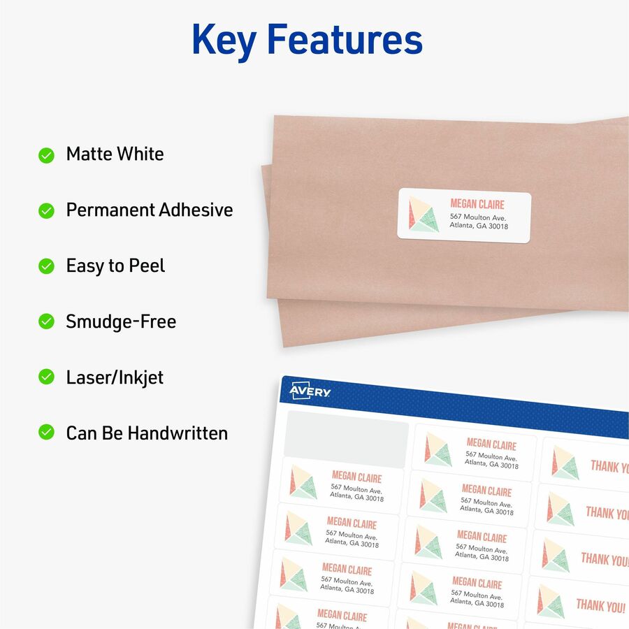 1" Width x 2 5/8" Length - Permanent Adhesive - Rectangle - Inkjet, Laser - Matte White - Matte - Paper - Permanent Adhesive, Peel & Stick, Smudge-free, Stick & Stay, Jam Resistant - 30 / Sheet - 30 Total Sheets - 300 Total Label(s) - 300 / Pack