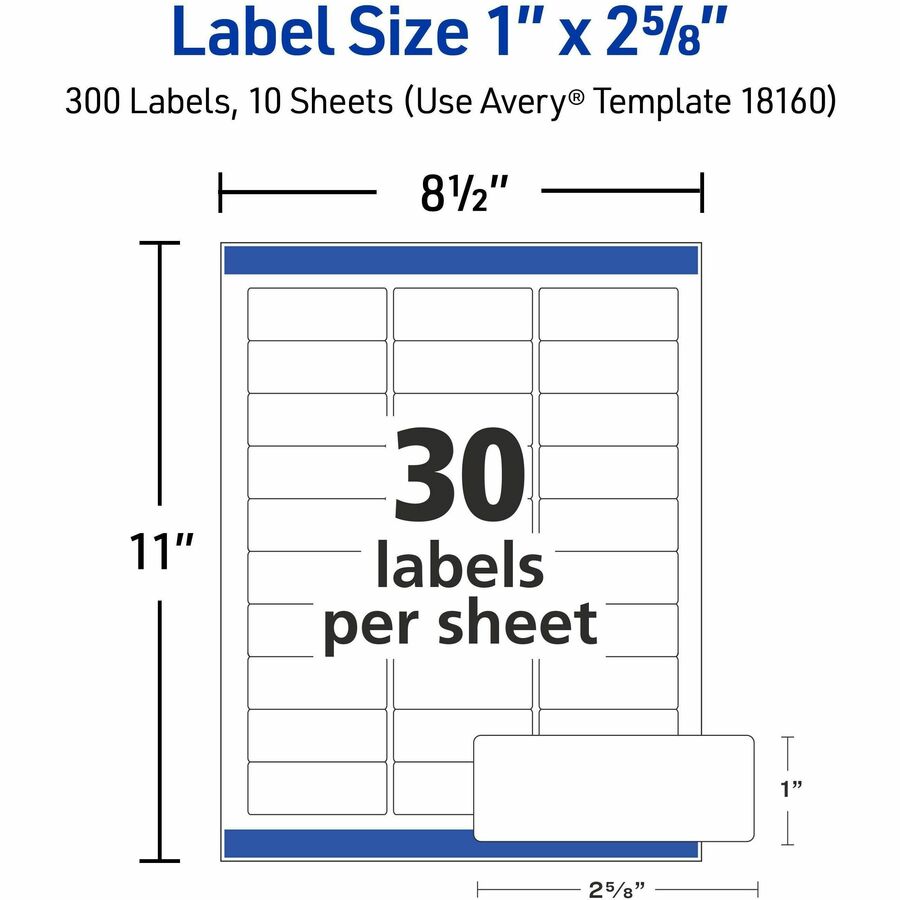 1" Width x 2 5/8" Length - Permanent Adhesive - Rectangle - Inkjet, Laser - Matte White - Matte - Paper - Permanent Adhesive, Peel & Stick, Smudge-free, Stick & Stay, Jam Resistant - 30 / Sheet - 30 Total Sheets - 300 Total Label(s) - 300 / Pack