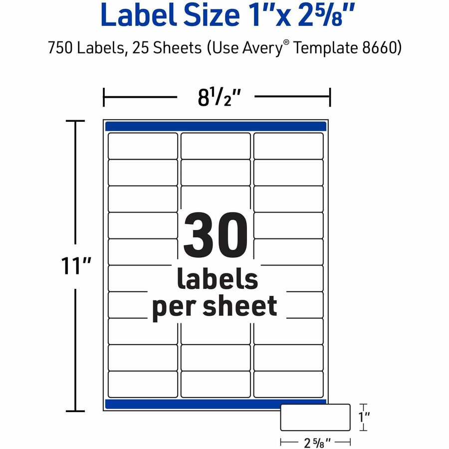 Avery Easy Peel Inkjet Printer Mailing Labels, Clear, 1" x 2 5/8", Rectangle, Permanent Adhesive, Matte Film, 30 Labels/Sheet, 25 Sheets, 750 Labels/Pack