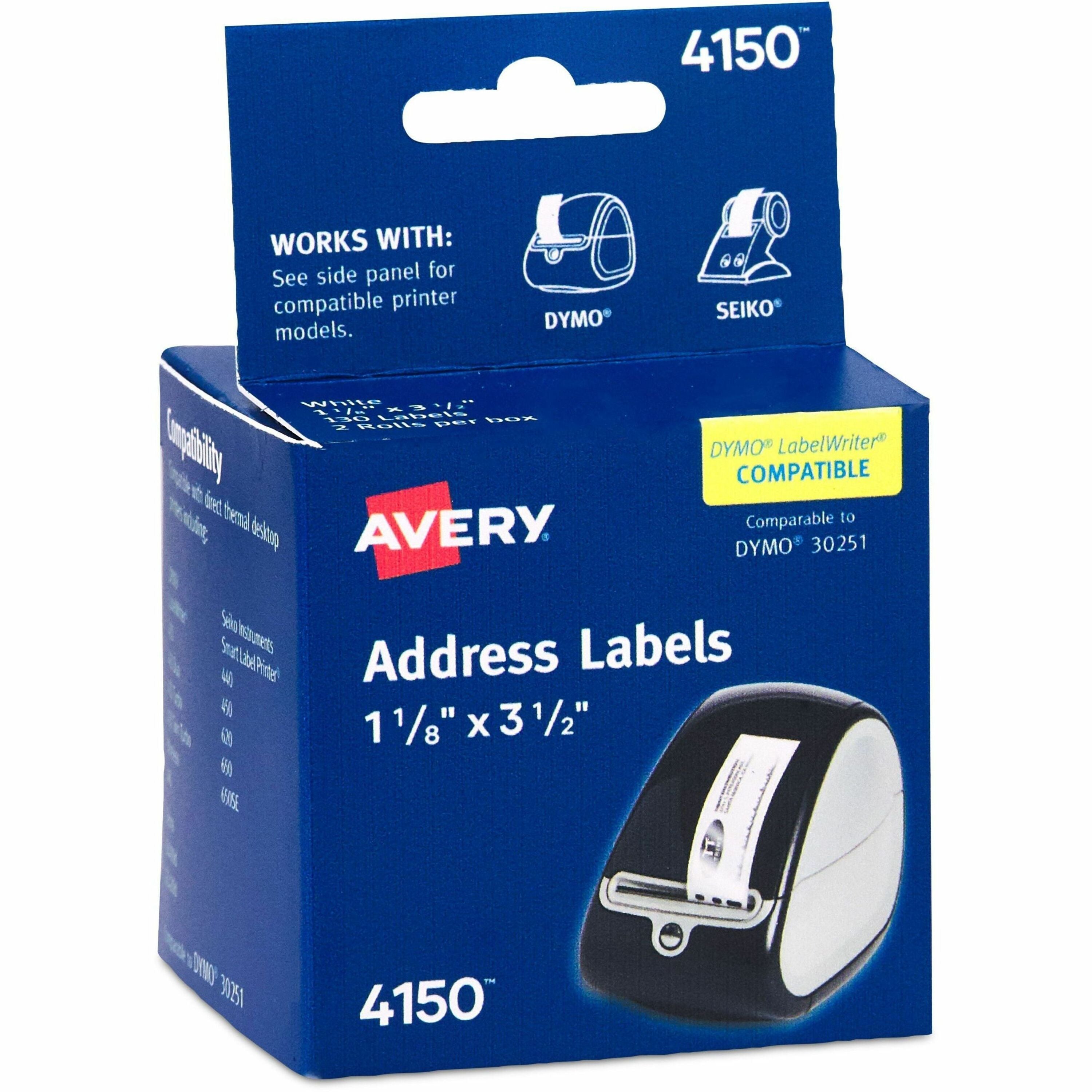 Avery&reg; Direct Thermal Roll Labels - 1 1/8" Width x 3 1/2" Length - Permanent Adhesive - Rectangle - Thermal - White - Paper - Water Resistant - 130 / Sheet - 130 / Roll - 2 Total Sheets - 260 Total Label(s) - 260 / Box