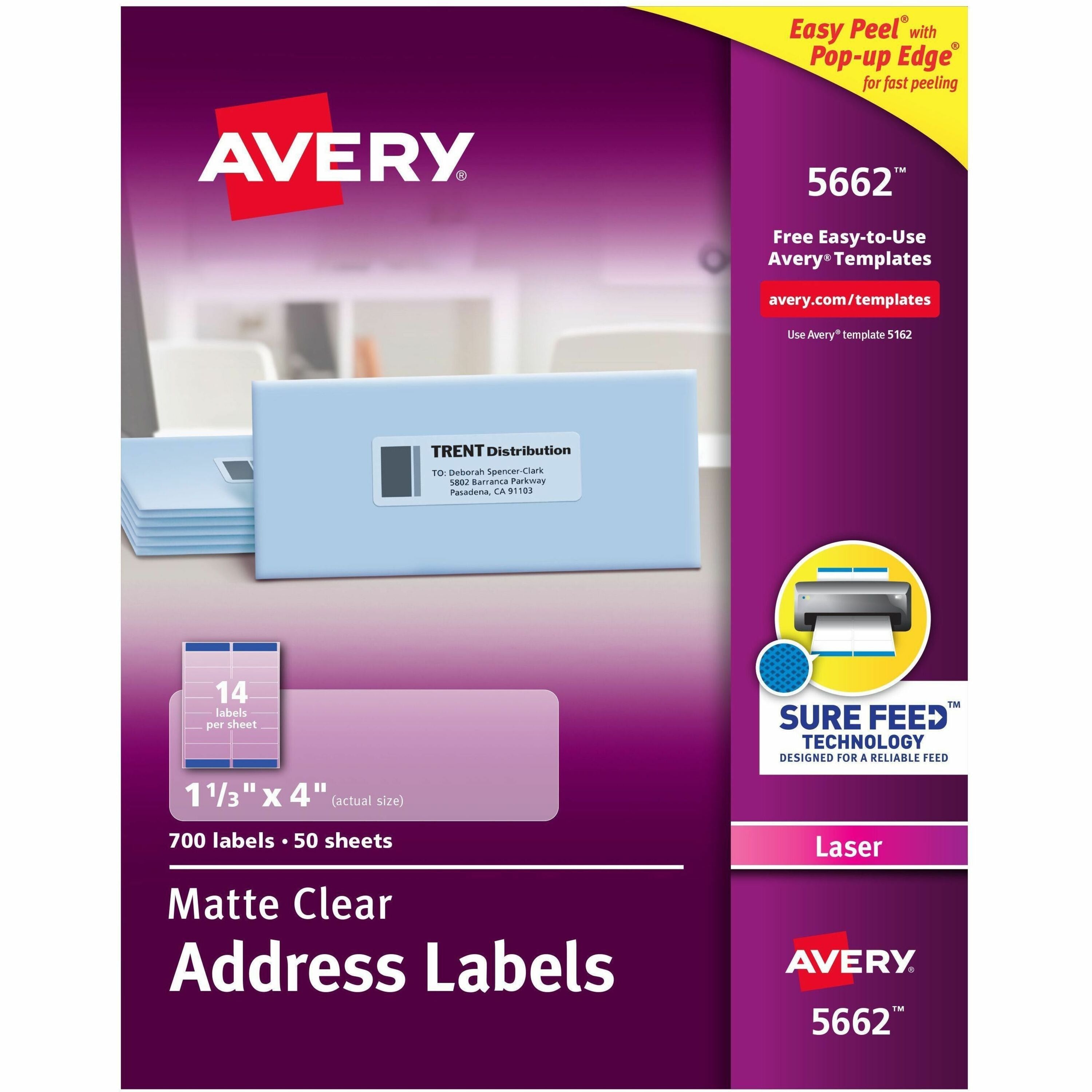 Avery Easy Peel Clear Return Address Labels, 1 21/64" x 4", Rectangle, Permanent Adhesive, Laser Compatible, Matte Film, 14 Labels/Sheet, 50 Sheets, 700 Labels/Box