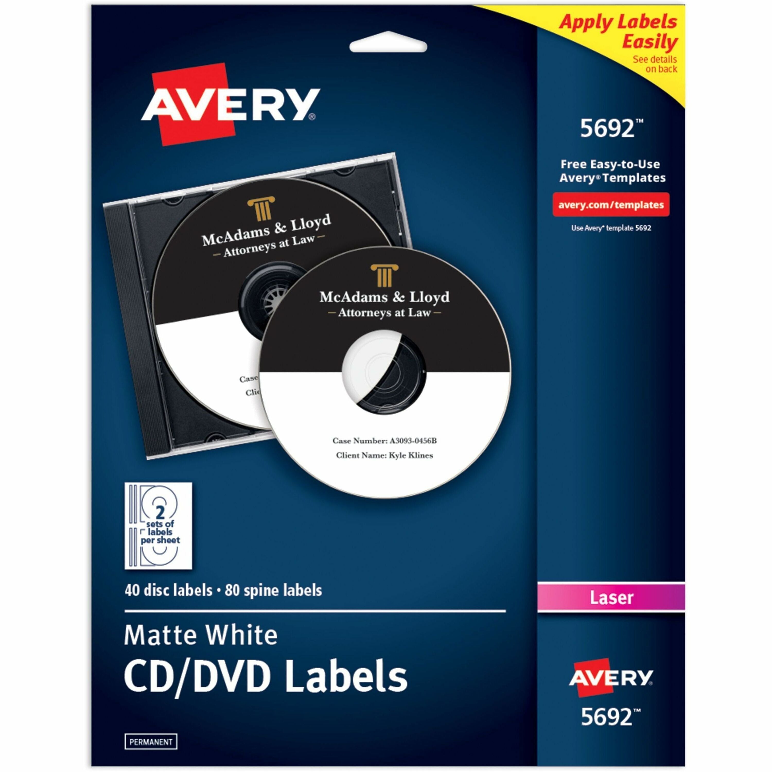 Avery&reg; Optical Disc Label - - HeightPermanent Adhesive - Laser - Matte - Matte White - Paper - Peel-off, Wrinkle-free, Smear Resistant, Smudge Resistant, Customizable, Strong - 2 / Sheet - 20 Total Sheets - 40 Total Label(s) - 1 Pack