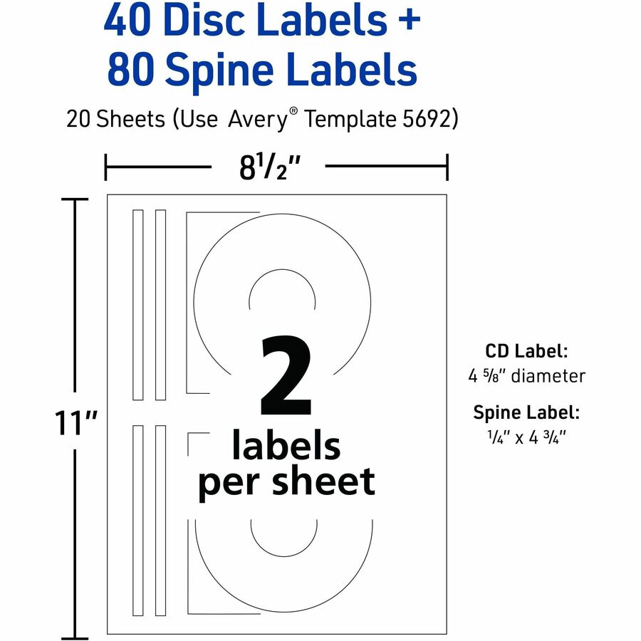 Avery&reg; Optical Disc Label - - HeightPermanent Adhesive - Laser - Matte - Matte White - Paper - Peel-off, Wrinkle-free, Smear Resistant, Smudge Resistant, Customizable, Strong - 2 / Sheet - 20 Total Sheets - 40 Total Label(s) - 1 Pack