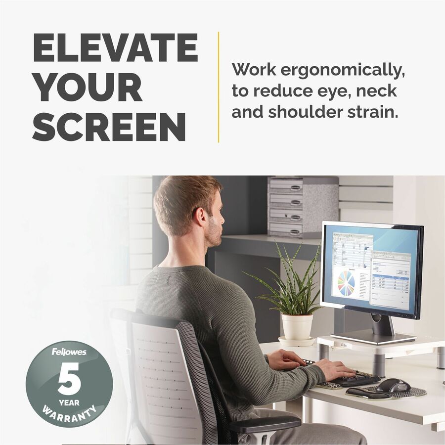 Fellowes Standard Monitor Riser - Up to 21" Screen Support - 60 lb Load Capacity - CRT, LCD Display Type Supported - 4" Height x 13.13" Width x 13.50" Depth - Desktop - Plastic - Graphite, Platinum