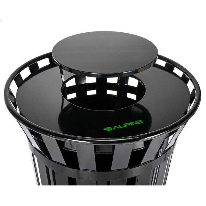 Alpine Industries Outdoor Metal Slatted Trash Receptacle with Rain Bonnet Lid - 38 Gallon Black