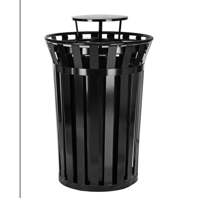 Alpine Industries Outdoor Metal Slatted Trash Receptacle with Rain Bonnet Lid - 38 Gallon Black