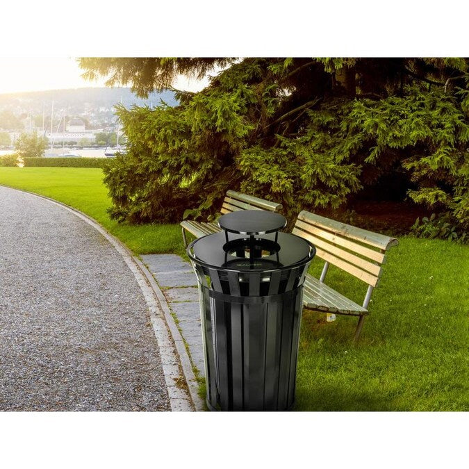 Alpine Industries Outdoor Metal Slatted Trash Receptacle with Rain Bonnet Lid - 38 Gallon Black