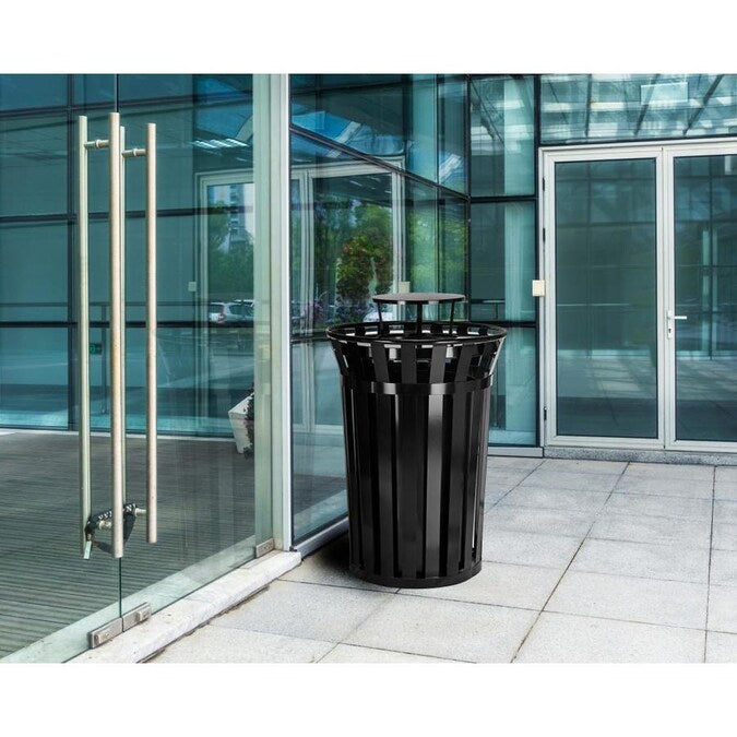Alpine Industries Outdoor Metal Slatted Trash Receptacle with Rain Bonnet Lid - 38 Gallon Black