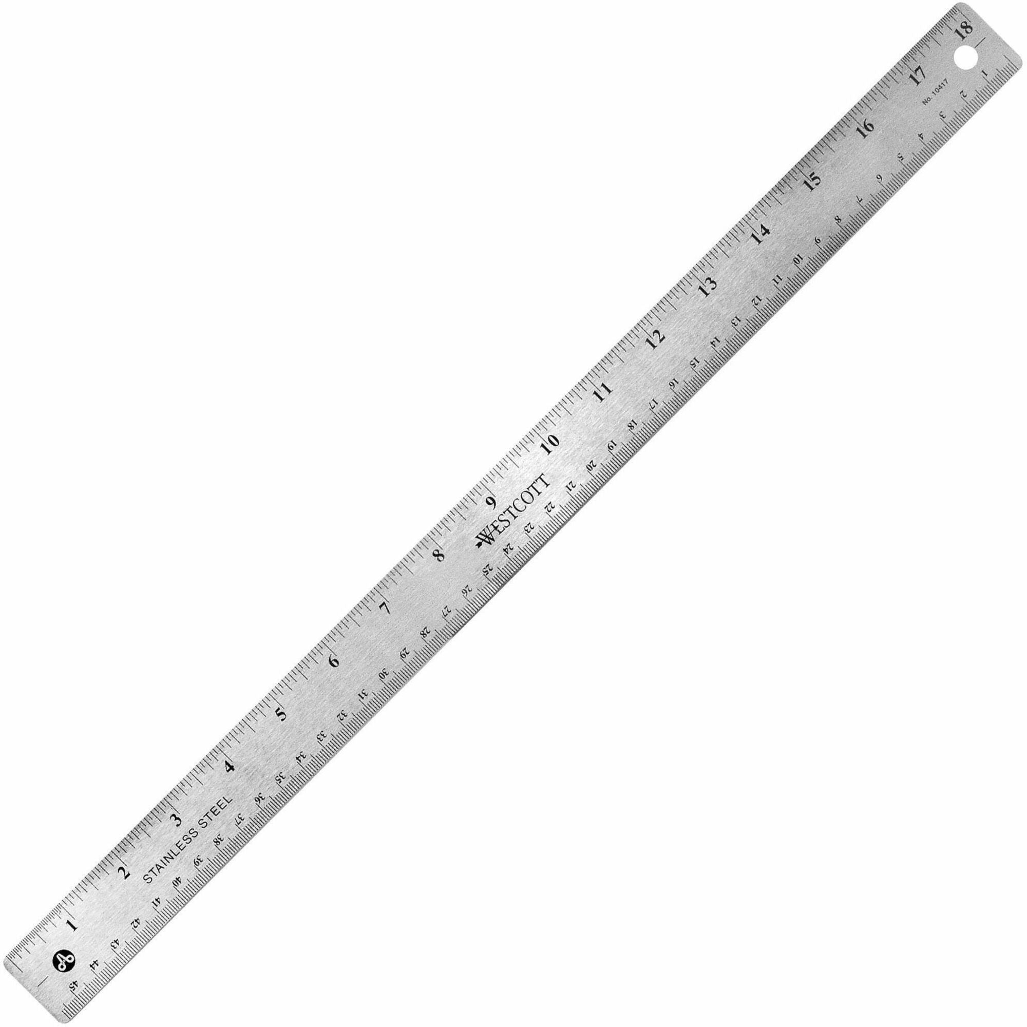 Westcott Stainless Steel Rulers - 18" Length x 1" Width - 1/16, 1/32 Graduations - Metric, Imperial Measuring System - Stainless Steel - Stainless Steel - 1 Each