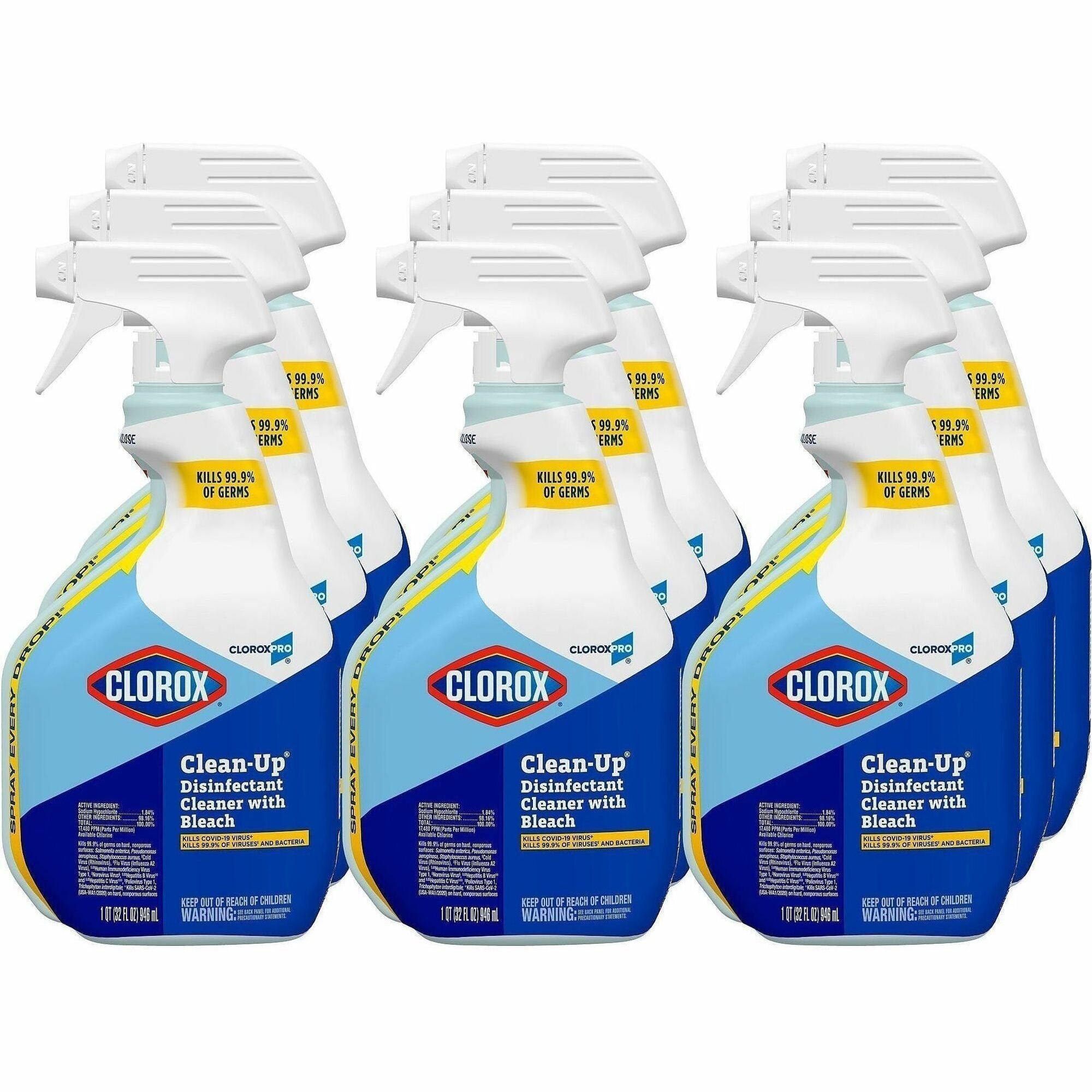 CloroxPro™ Clean-Up Disinfectant Cleaner Spray with Bleach - For Restroom, Fiberglass, Floor, Nonporous Surface - Ready-To-Use - 32 fl oz (1 quart) - Recommended For: Stain Remover, Grease Remover - Disinfectant - Clear - 9 / Carton