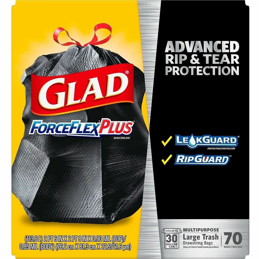Glad Large Drawstring Trash Bags - ForceFlexPlus - 30 gal Capacity - 32" Length x 30" Width x 1.05 mil (27 Micron) Thickness - Black - Office Waste - 70 / Carton