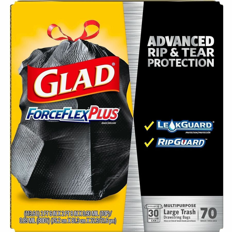 Glad Large Drawstring Trash Bags - ForceFlexPlus - 30 gal Capacity - 32" Length x 30" Width x 1.05 mil (27 Micron) Thickness - Black - Office Waste - 70 / Carton