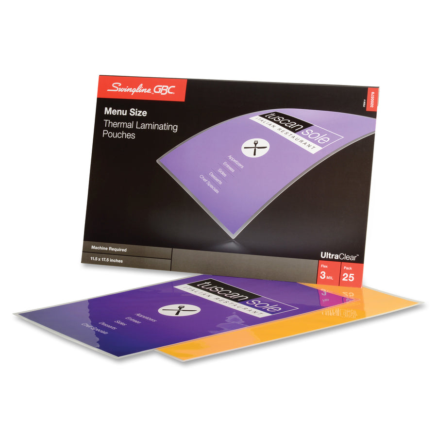 GBC UltraClear Thermal Laminating Pouches - Sheet Size Supported: Menu - Laminating Pouch/Sheet Size: 11.50" Width x 17.50" Length x 3 mil Thickness - Glossy - Flexible, Wear Resistant, Tear Resistant - Clear - 25 / Pack